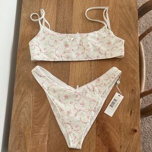 Frankie's Bikinis White Floral Ribbed Bikini Set